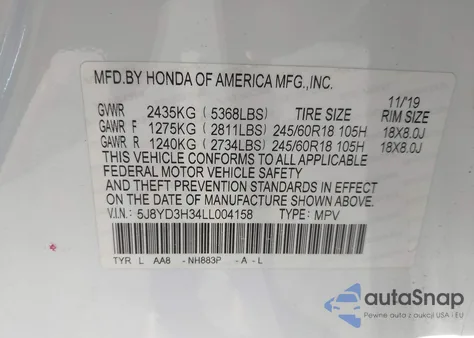 2020 Acura Mdx Standard from USA, damaged, VIN 5J8YD3H34LL004158
